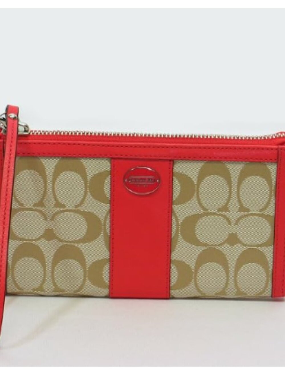 Coach Legacy Signature Zippy Wallet Wristlet Light Khaki Bright Coral